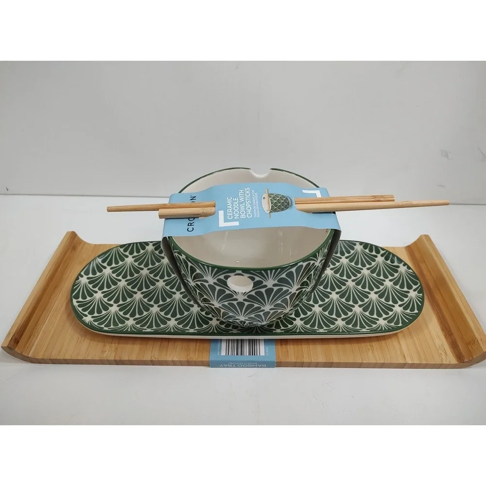 Crofton Stoneware Large Noodle‎ Bowl With Chopstick Holders+Tray+Bamboo Tray.